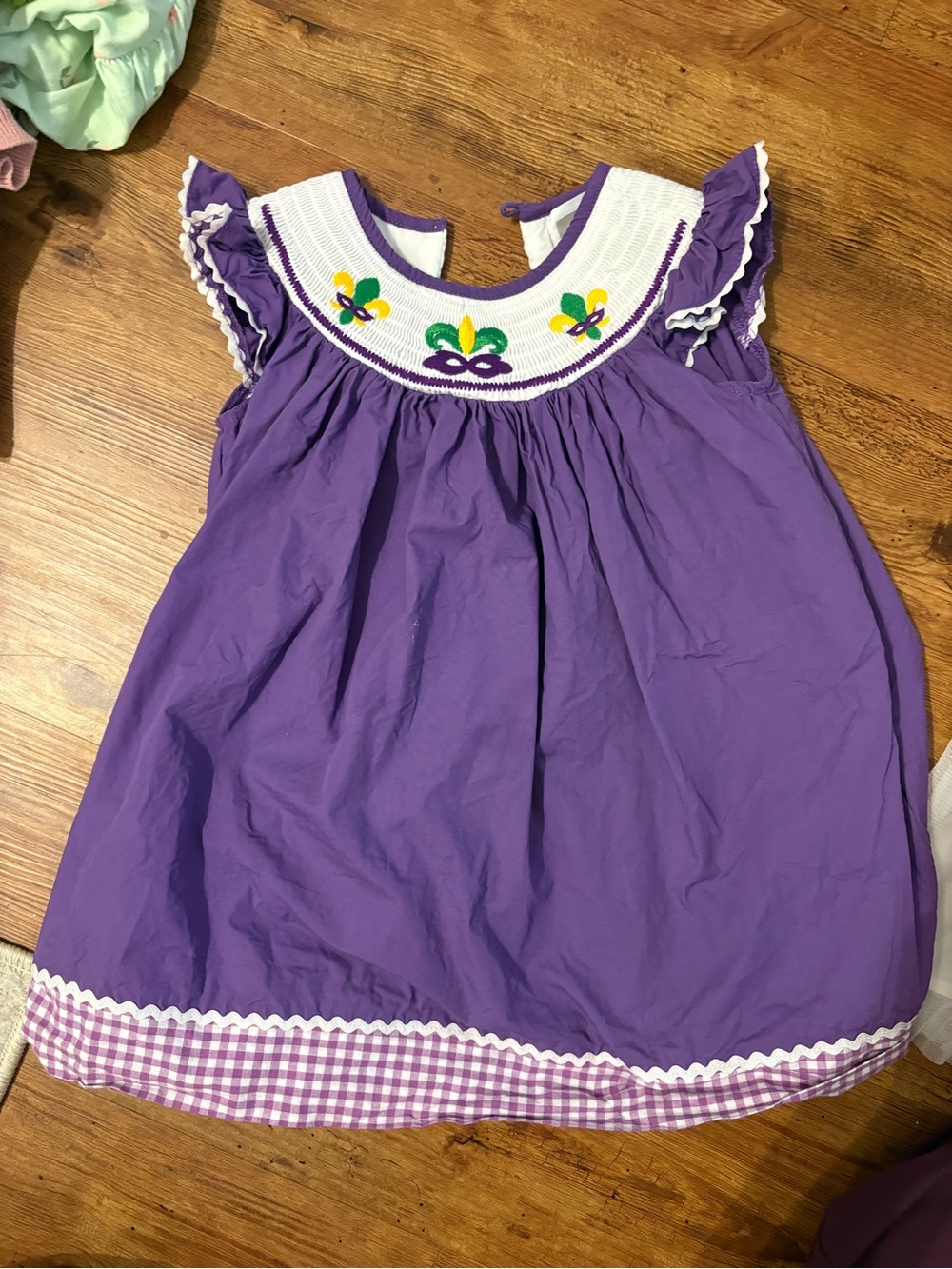 Purple Smocked Girls' Dress with Fleur Embroidery